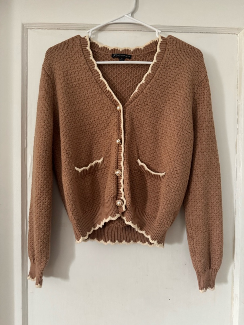 Adrianna Papell Tan Cardigan with Ivory Trim